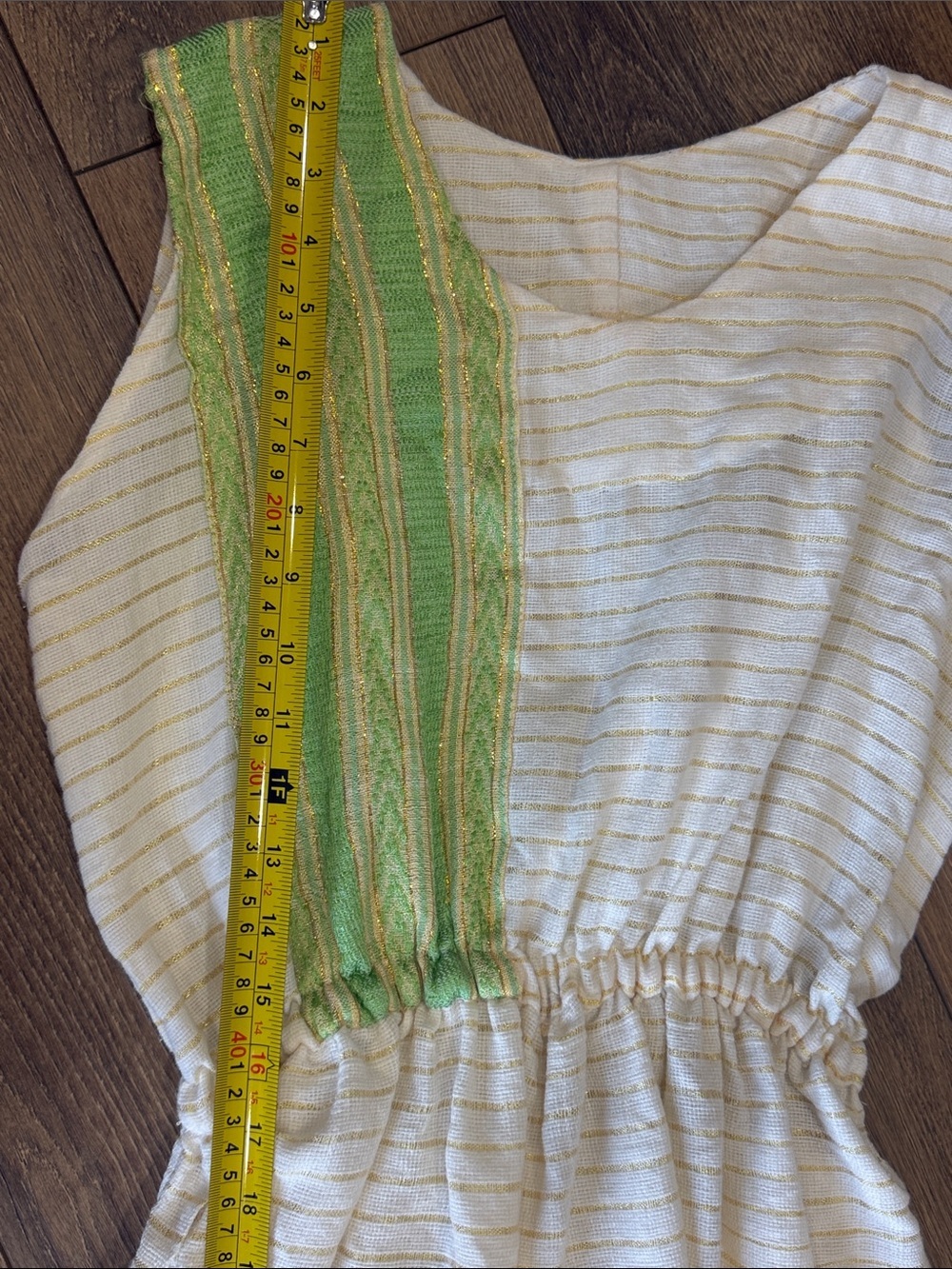 Ethiopian Dress. Cream Dress with Green & Gold Stripes - Picture 7 of 8
